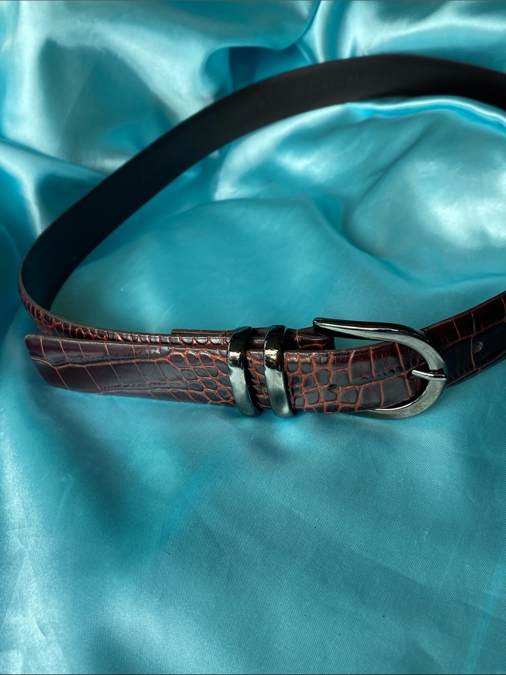 Via Spiga Brown Croc-Embossed Italian Leather Belt with Metal Buckle